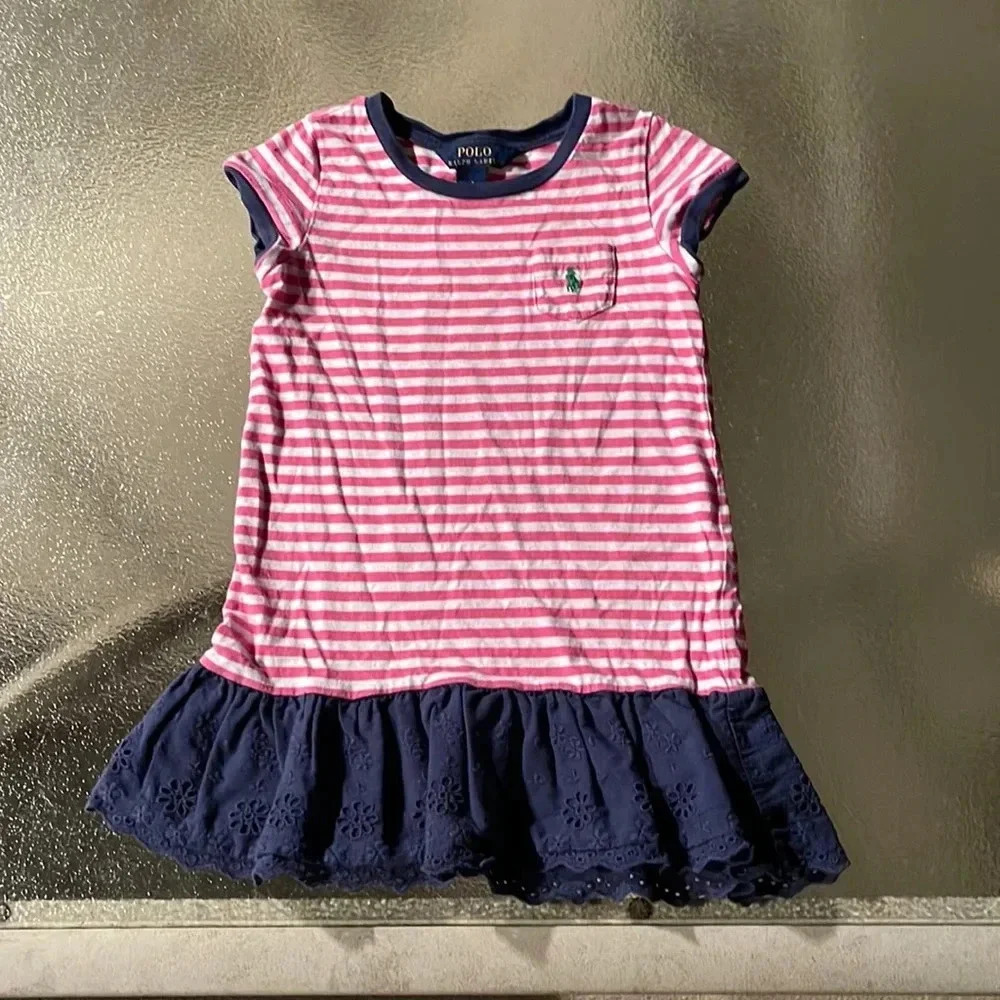 Polo Ralph Lauren pink white striped dress with blue trim size 4